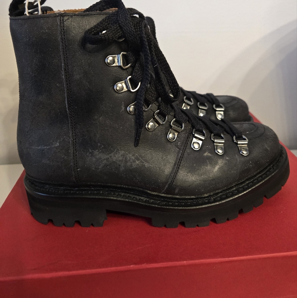 GRENSON Black Leather Distressed  Boots with Silver Accents